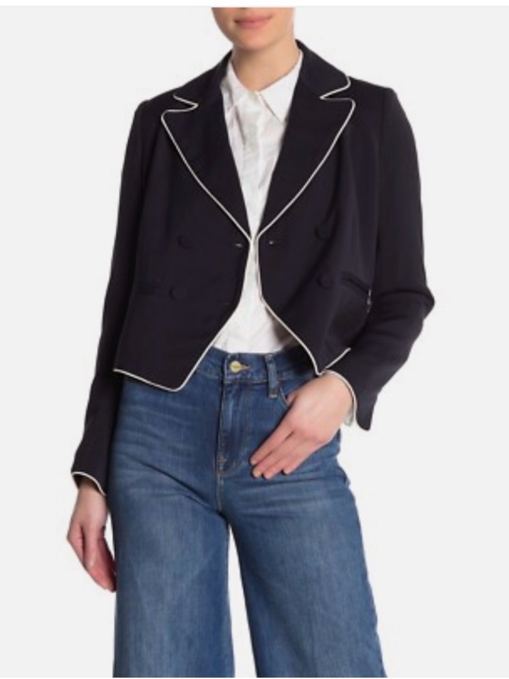FRAME Piped Cropped Blazer Navy Blue White Trim Double Breasted Size 0 Preppy